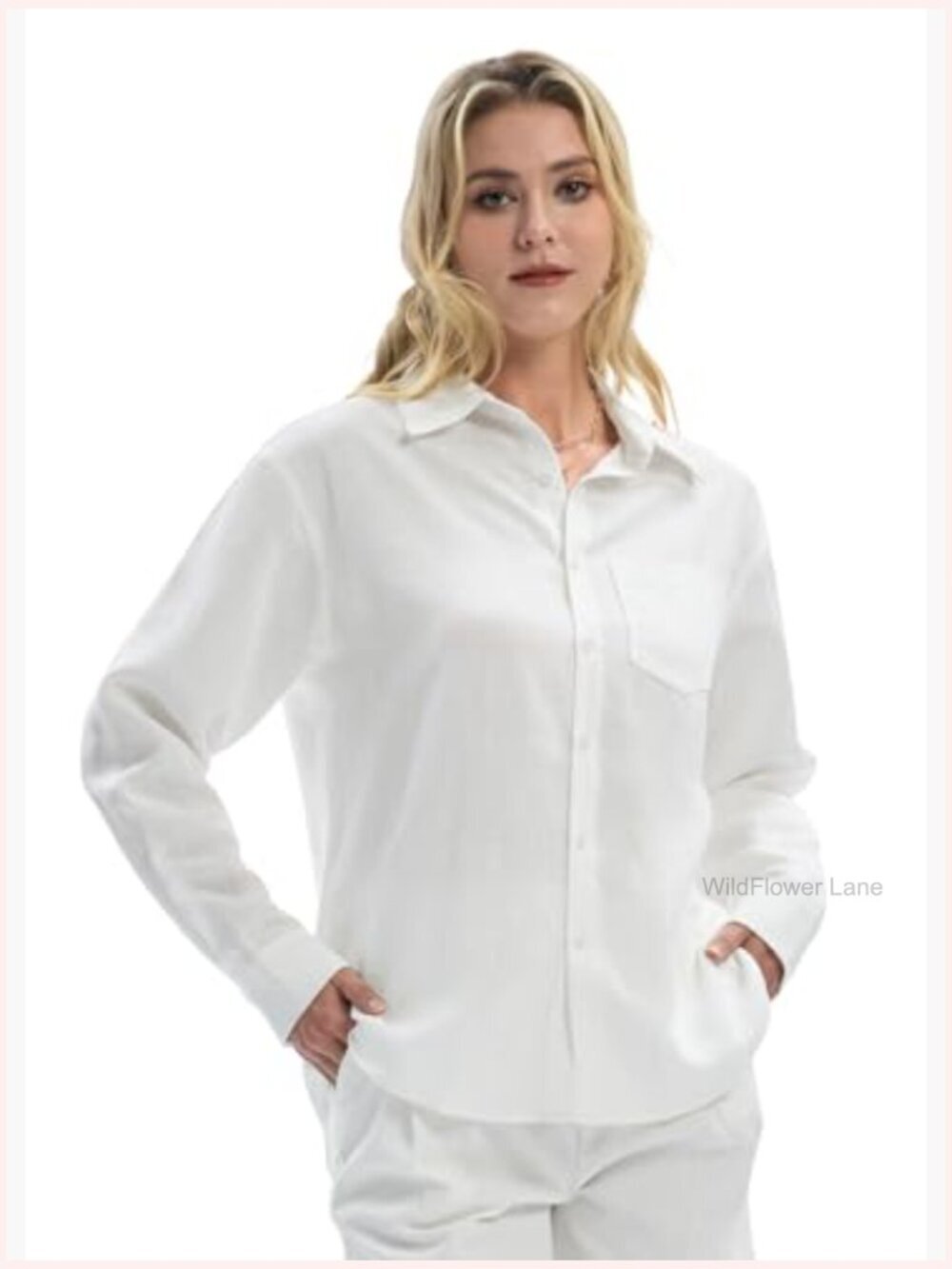 Linen Button Down Shirt Long Sleeve Loose Fit Summer Blouse Casual Beach Top - Picture 2 of 7